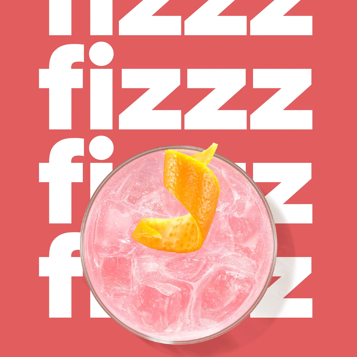 Pink sparkling drink with an orange twist on a red background with the word “fizzz”