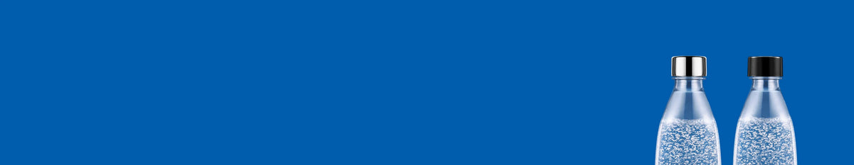 Two Sodastream carbonating bottles on a blue background
