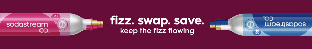 Pink and blue Sodastream CO2 cylinders with the text “fizz. swap. save. keep the fizz flowing”