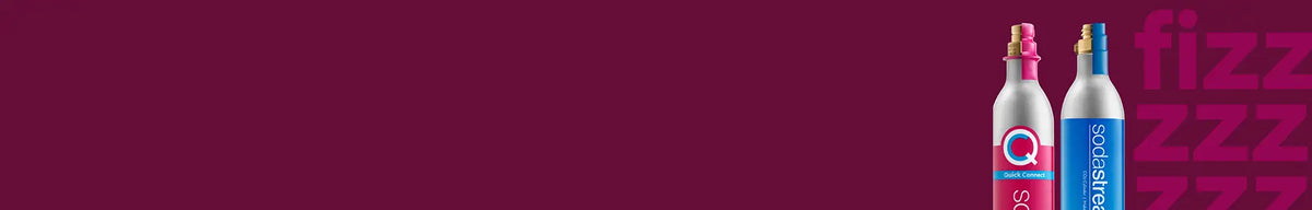 Pink and blue Sodastream CO2 cylinders on a maroon background