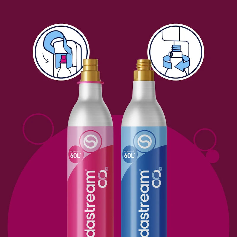 Pink Quick Connect and blue screw-in Sodastream CO2 cylinders with icons showing how each one connects