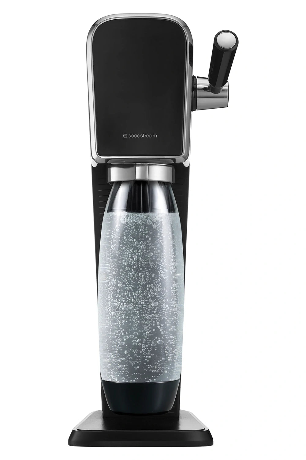 Sodastream ART sparkling water maker in black, front view, with a carbonating bottle attached