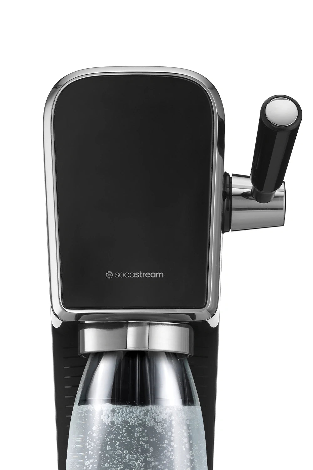 Close-up of the top of the Sodastream ART sparkling water maker in black, showing the carbonation lever