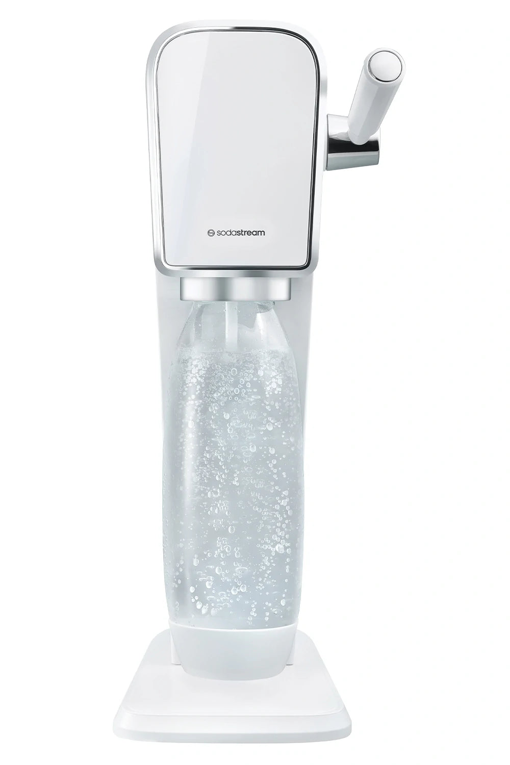 Sodastream ART sparkling water maker in white, front view, with a carbonating bottle attached