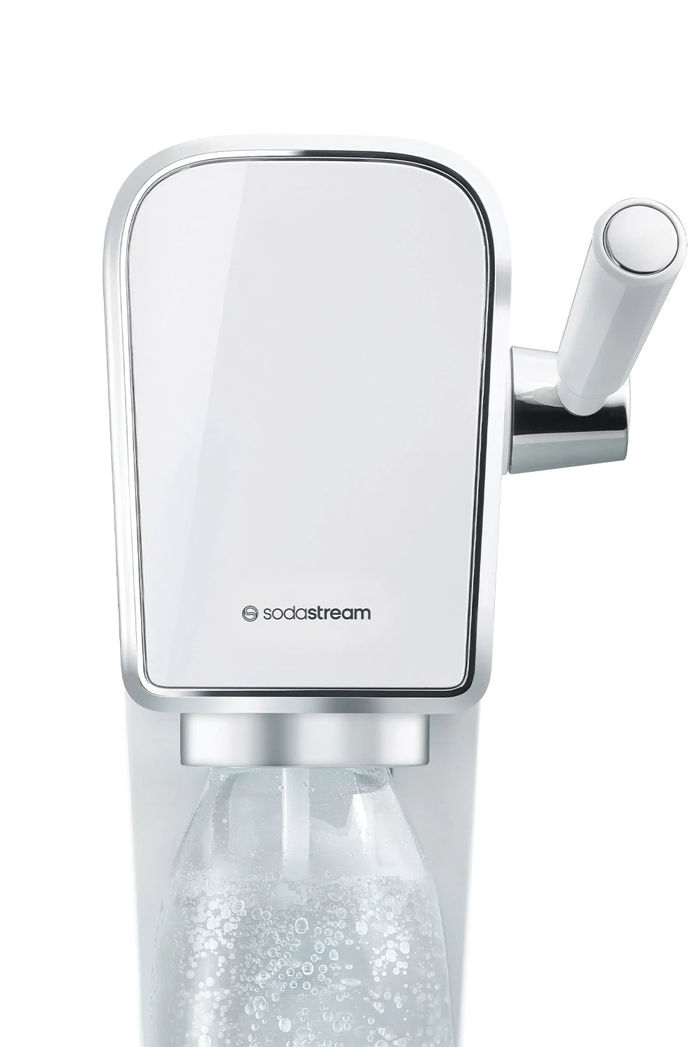 Close-up of the top of the Sodastream ART sparkling water maker in white, showing the carbonation lever
