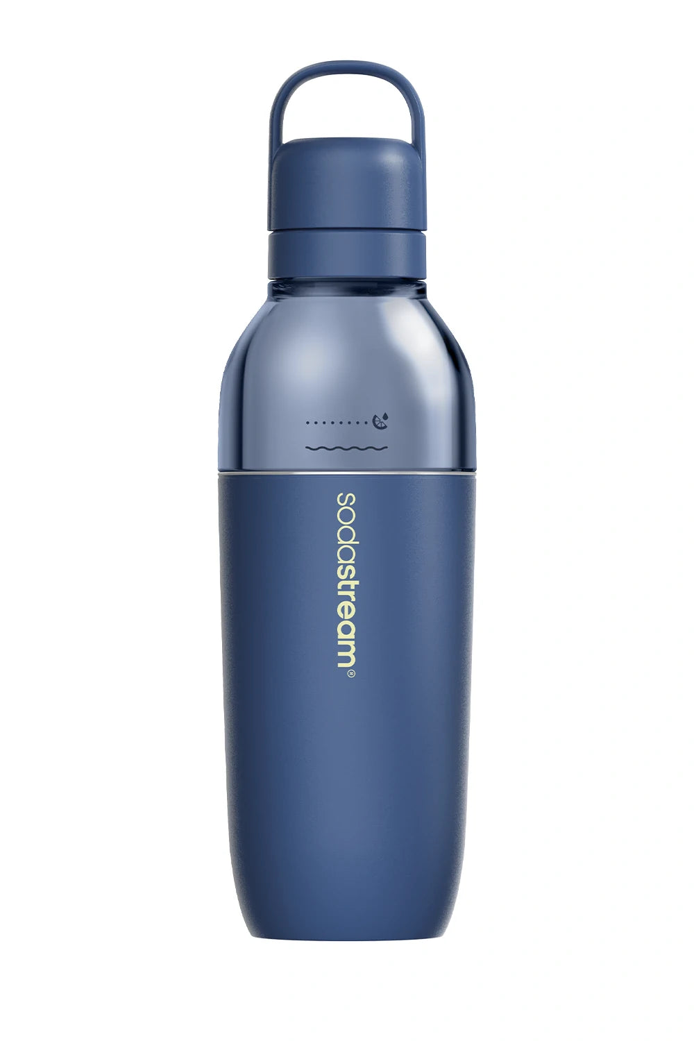 Sodastream Fizz & Go Easy Mix bottle in Storm (navy blue), with a clear top section and carry handle