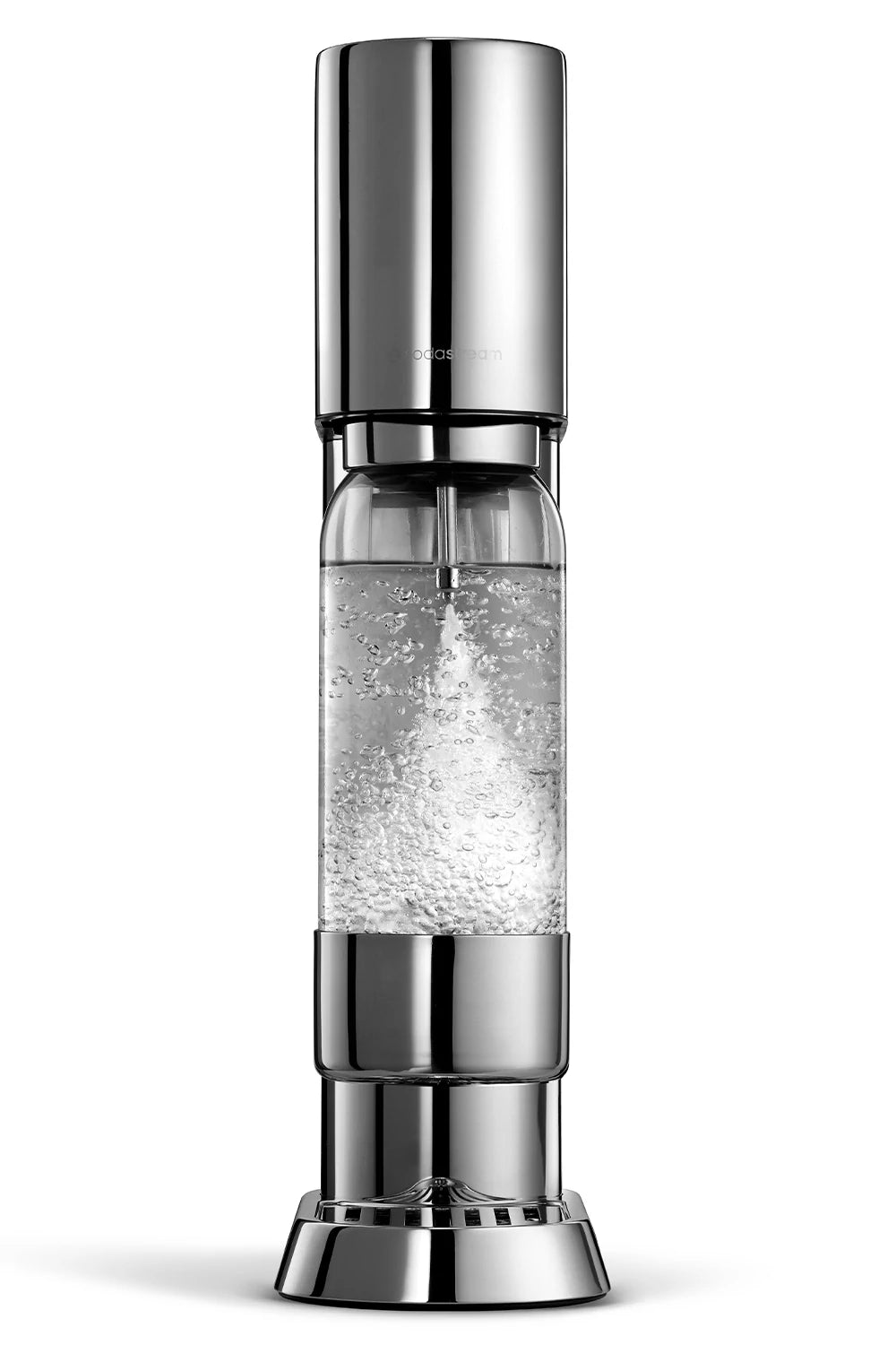 Sodastream ENSO sparkling water maker in stainless steel, front view, with a carbonating bottle attached