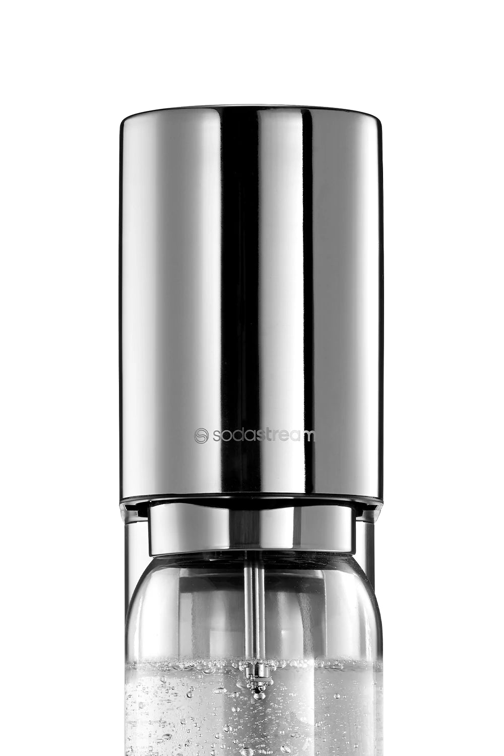 Close-up of the top of the Sodastream ENSO sparkling water maker in stainless steel