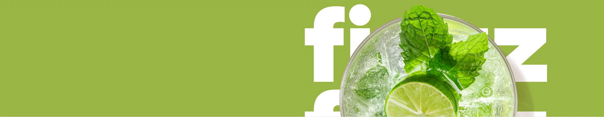 Sparkling drink with lime and mint on a green background with the word “fizzz”