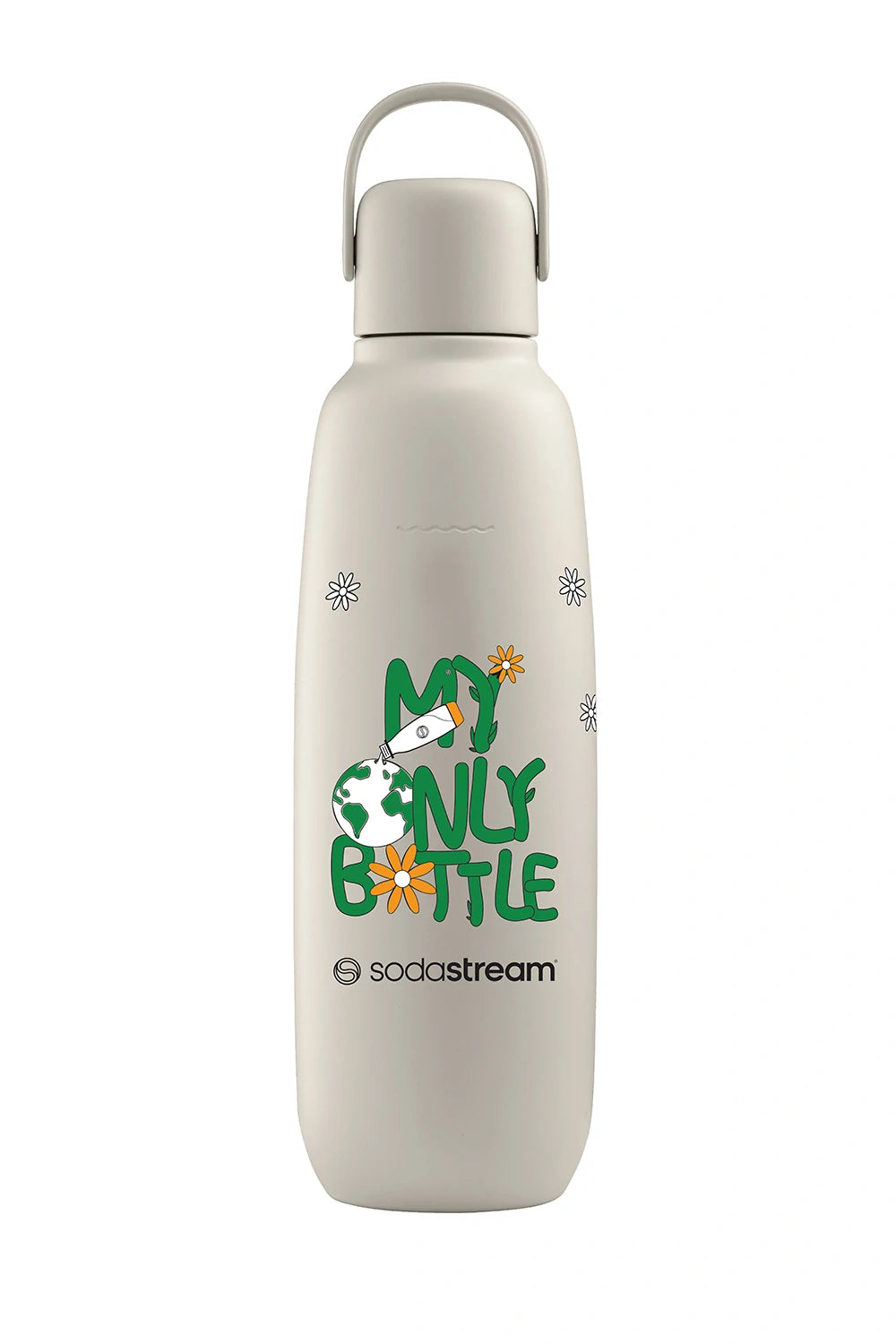 Sodastream Fizz & Go Earth Day bottle, off-white with a green “My Only Bottle” print