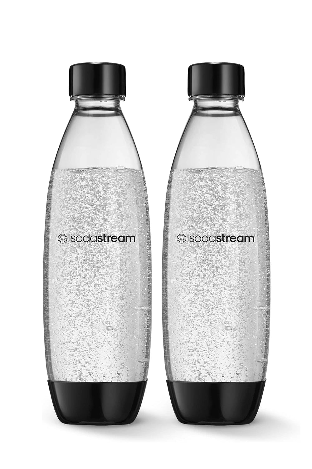 Two Sodastream 1 litre Fuse carbonating bottles with black caps