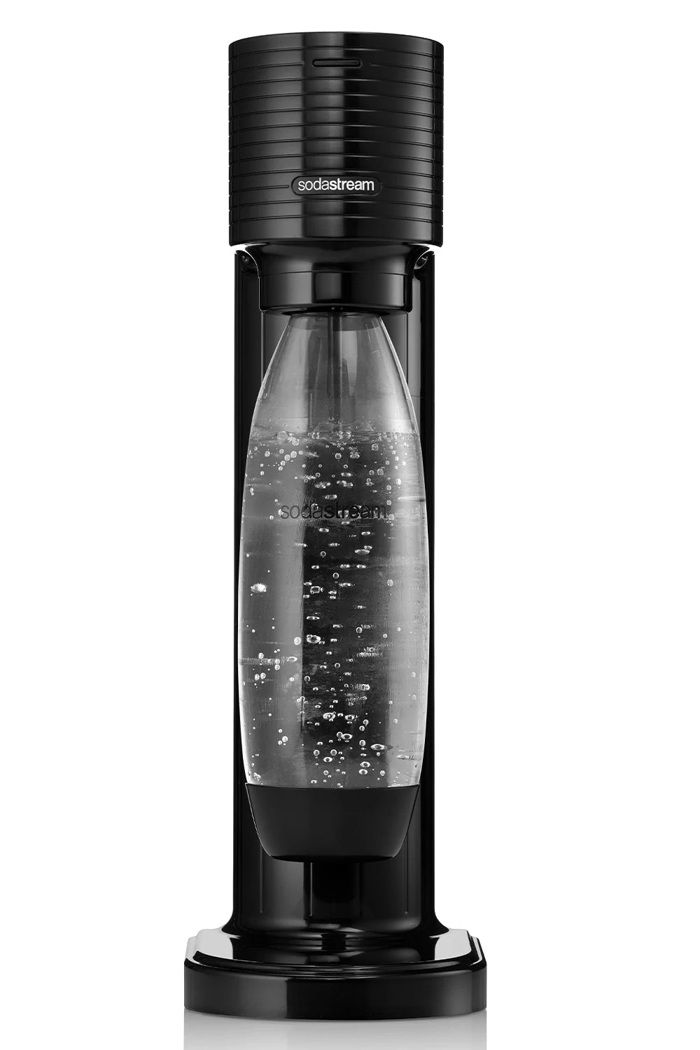Sodastream GAIA sparkling water maker in black, front view, with a carbonating bottle attached