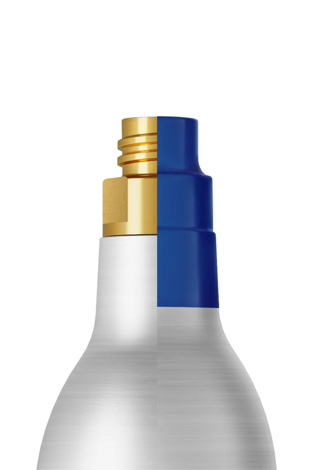Close-up of the threaded screw-in valve on the Sodastream blue CO2 cylinder