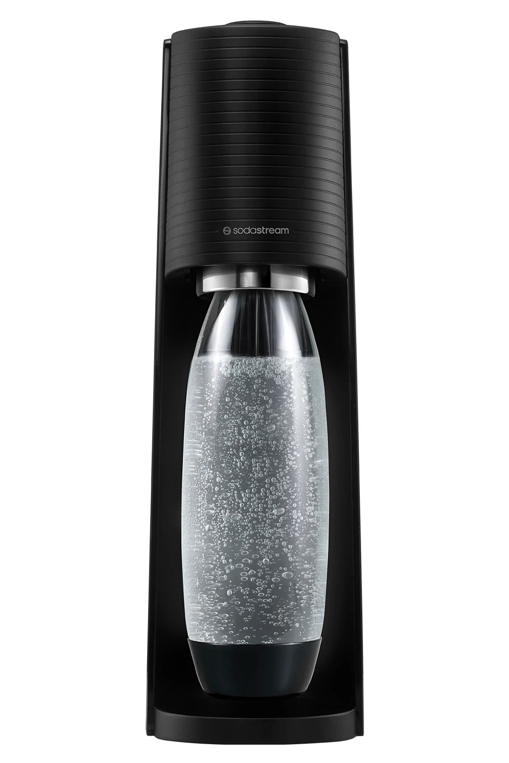 Sodastream TERRA sparkling water maker in black, front view, with a carbonating bottle attached