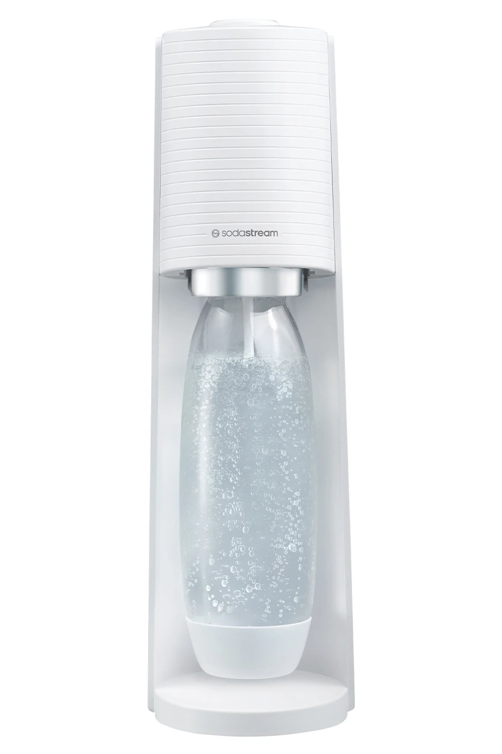 Sodastream TERRA sparkling water maker in white, front view, with a carbonating bottle attached