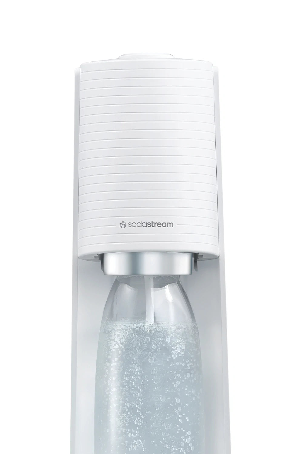 Close-up of the top of the Sodastream TERRA sparkling water maker in white