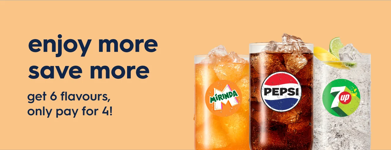 Three iced beverages with Lipton, Pepsi, and 7Up logos on a peach background with promotional text that reads "enjoy more, save more. Get 6 flavours, only pay for 4"
