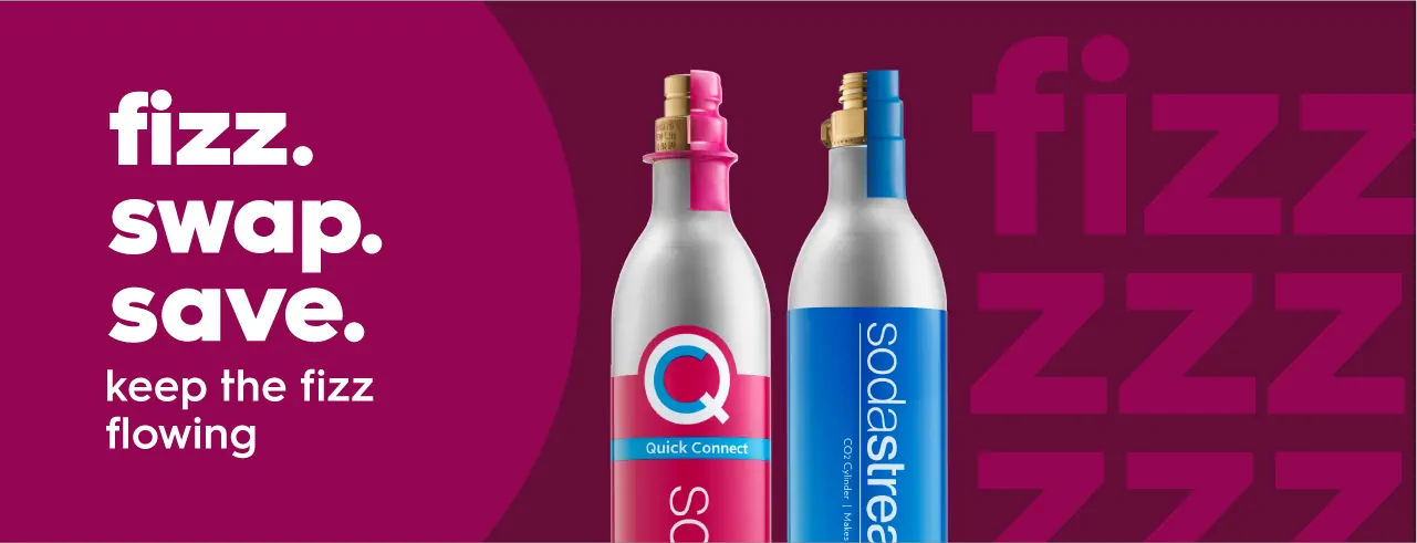 Two CO2 cylinders, one pink and one blue, on a dark pink background with the text "fizz. swap. save. keep the fizz flowing" on the left side.