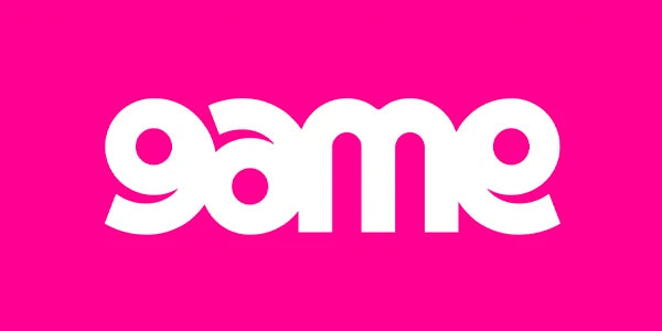 White 'game' logo on a pink background