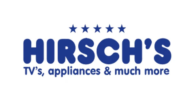 Hirsch's logo with text 'TVs, appliances & much more' on a white background