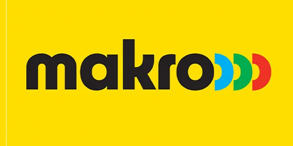 Makro logo with black text and colorful 'o's on a yellow background