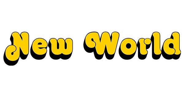 Yellow text 'New World' with black outlines on a white background